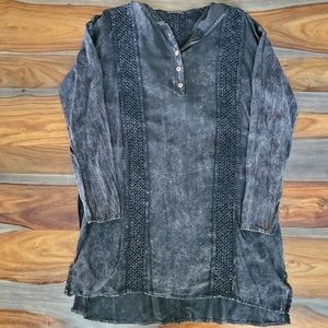 Basil Lola Hooded Dress, Distressed Fabric with Black Lace, Medium